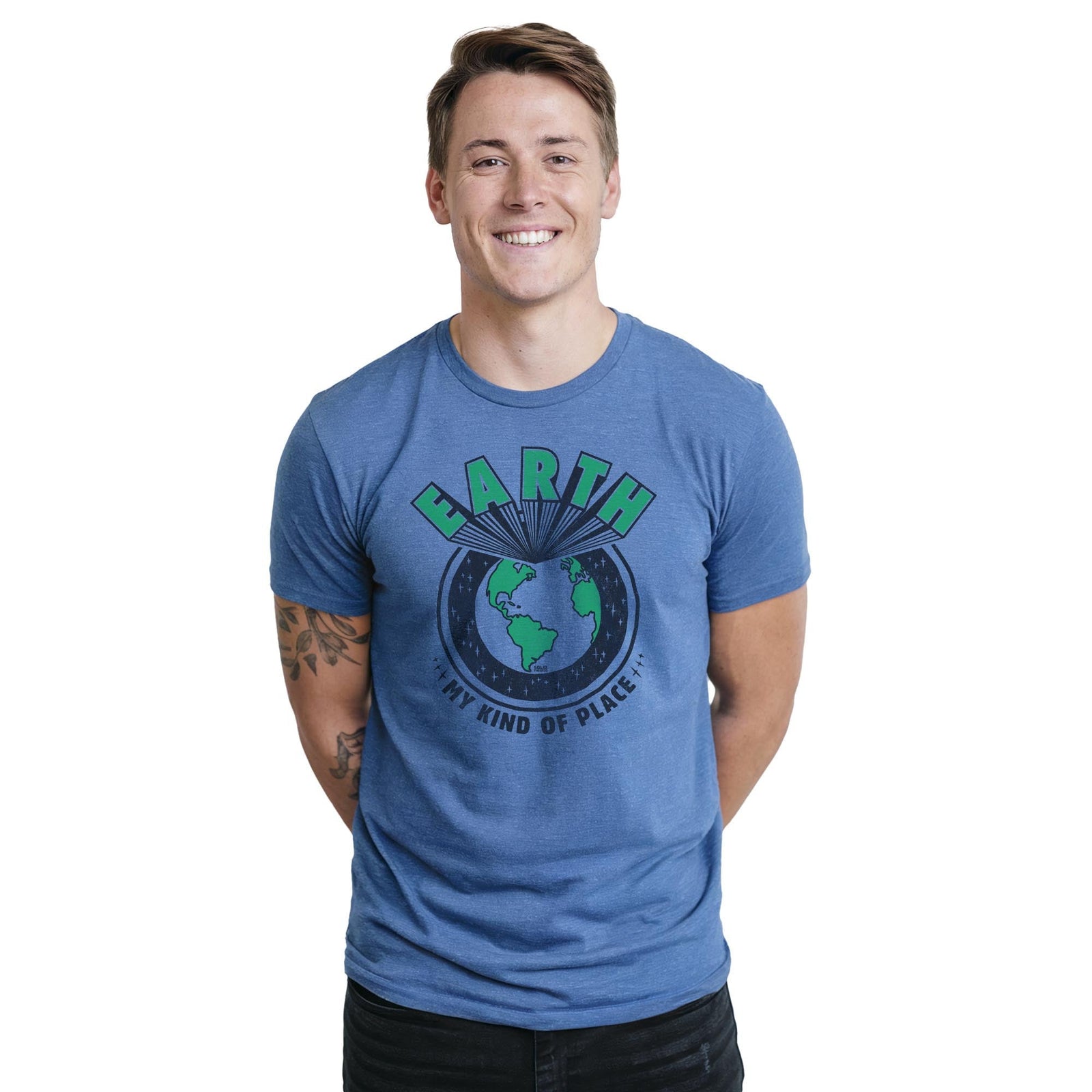 Earth My Kind Of Place Funny Staple T-shirt in Royal Heather On Model - Front View