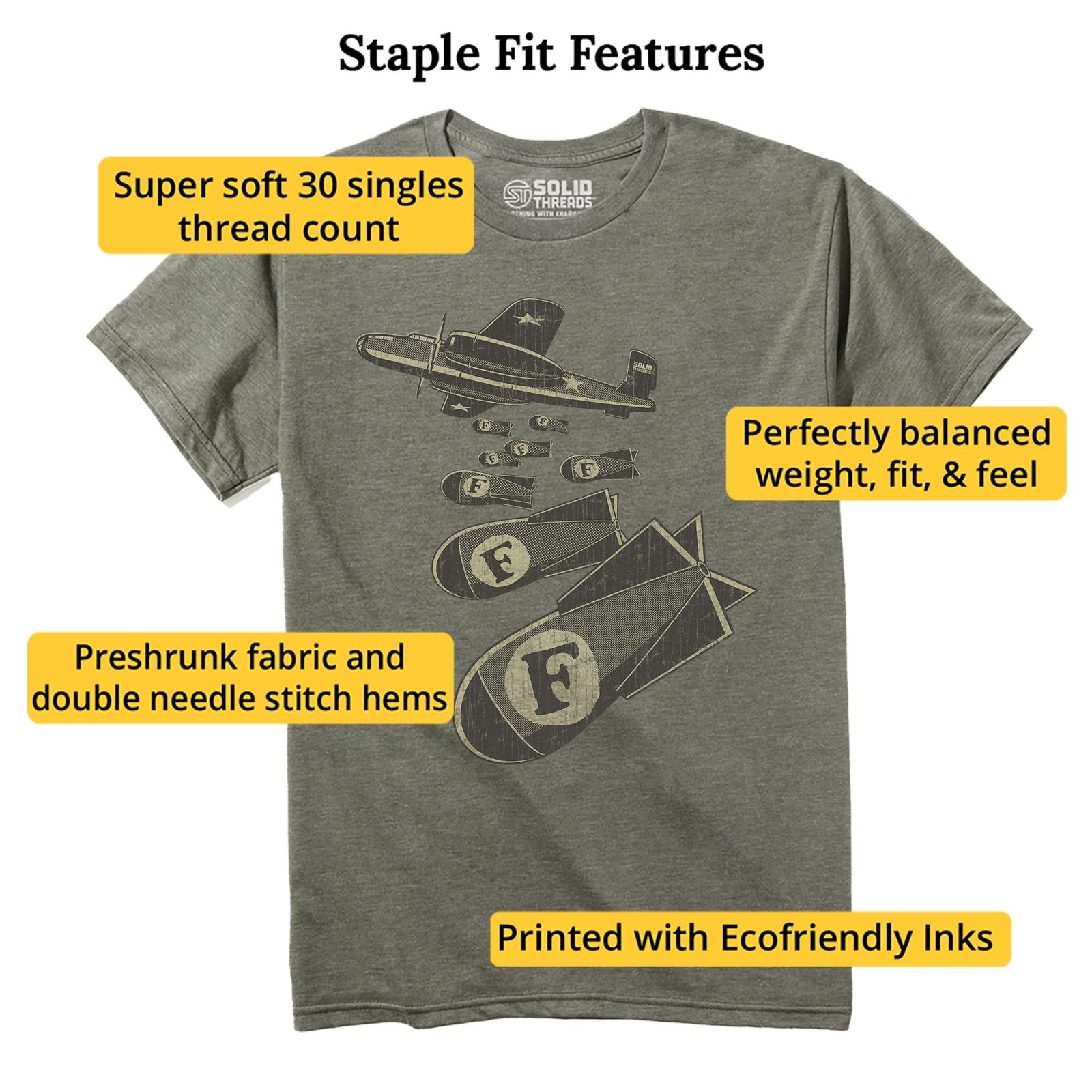 F Bombs Funny Staple T-shirt in Olive Heather - Fit Attributes