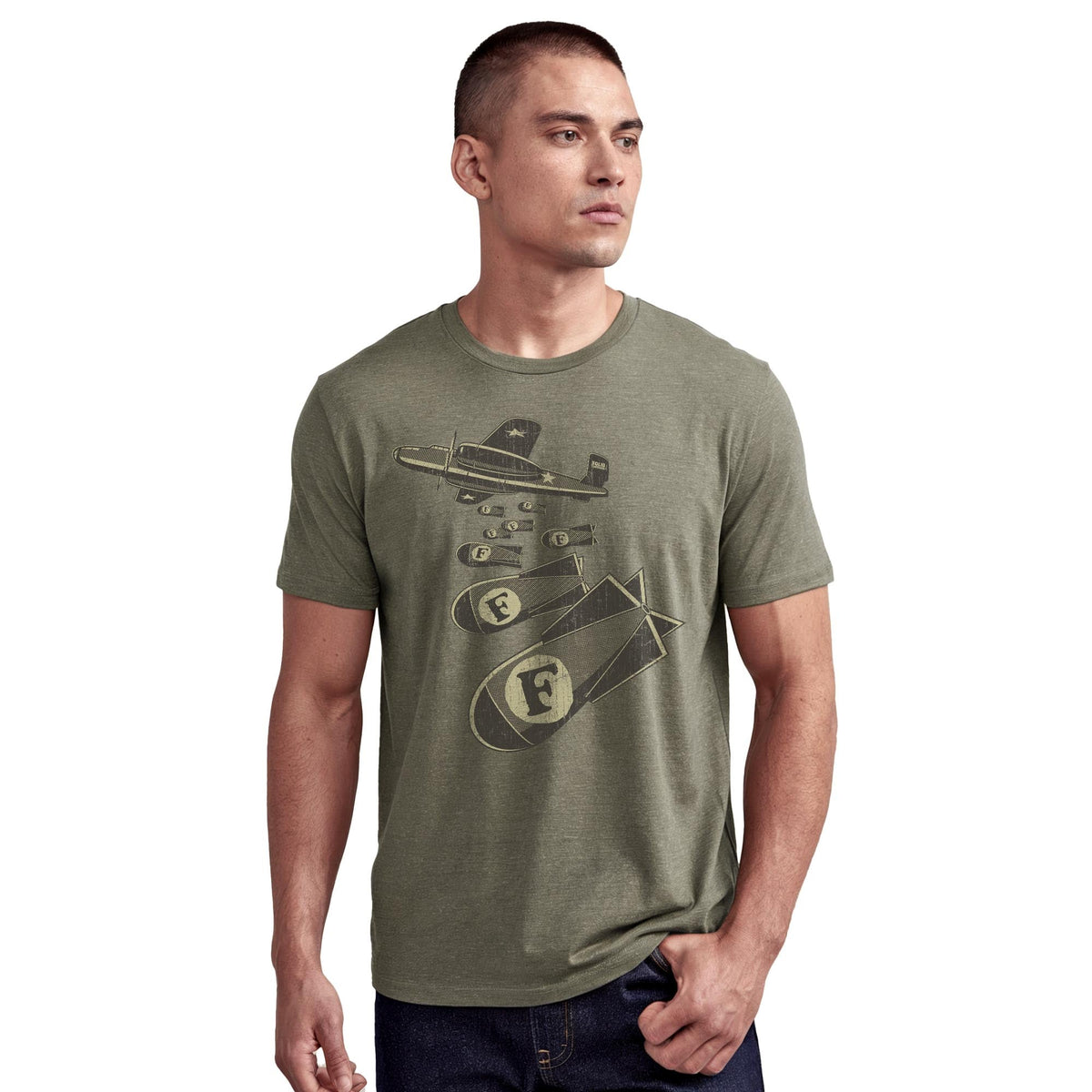 F Bombs Funny Staple T-shirt in Olive Heather On Model - Front View