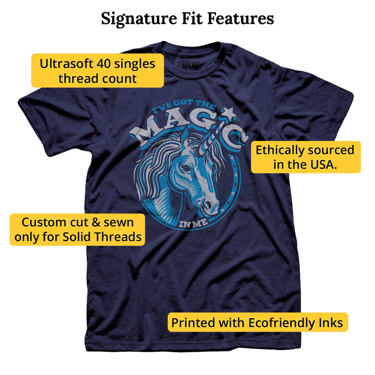 I've Got The Magic In Me Unicorn | Supports Animal Rights Vintage Signature T-shirt in Navy - Fit Attributes