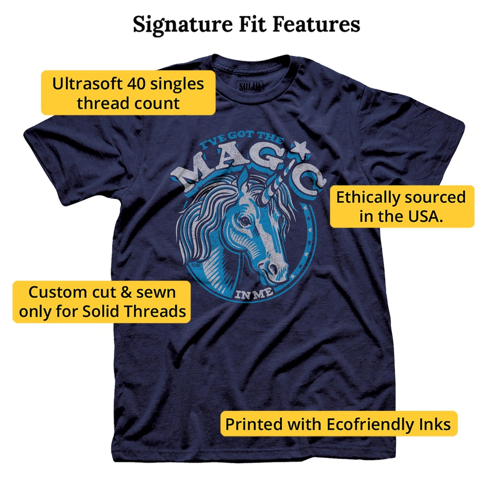 I've Got The Magic In Me Unicorn | Supports Animal Rights Vintage Signature T-shirt in Navy - Fit Attributes