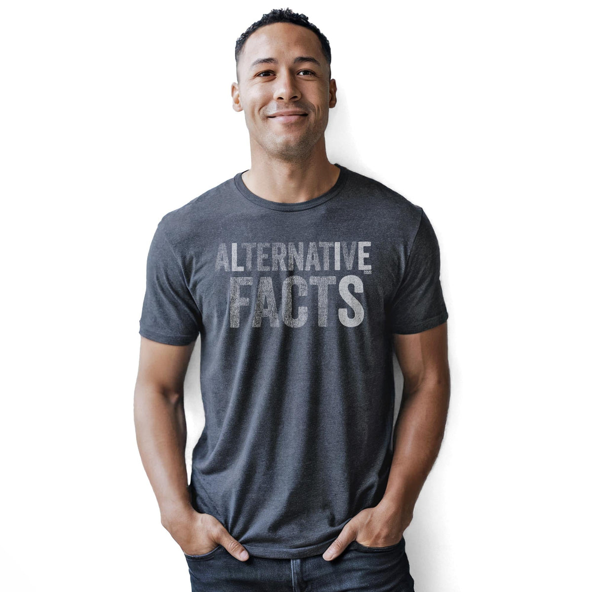 Alternative Facts Vintage Staple T-shirt in Charcoal Heather On Model - Front View