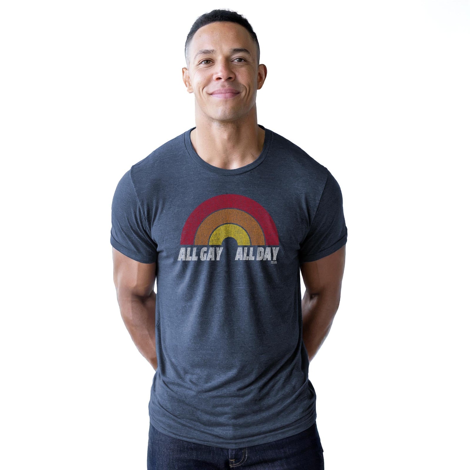 All Gay All Day Vintage Staple T-shirt in Navy Heather On Model - Front View