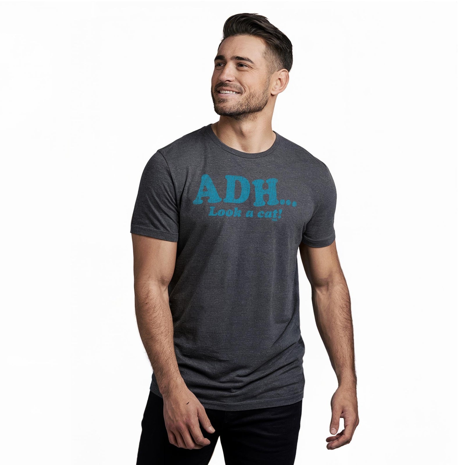Adh….look A Cat! Vintage Staple T-shirt in Charcoal Heather On Model - Front View