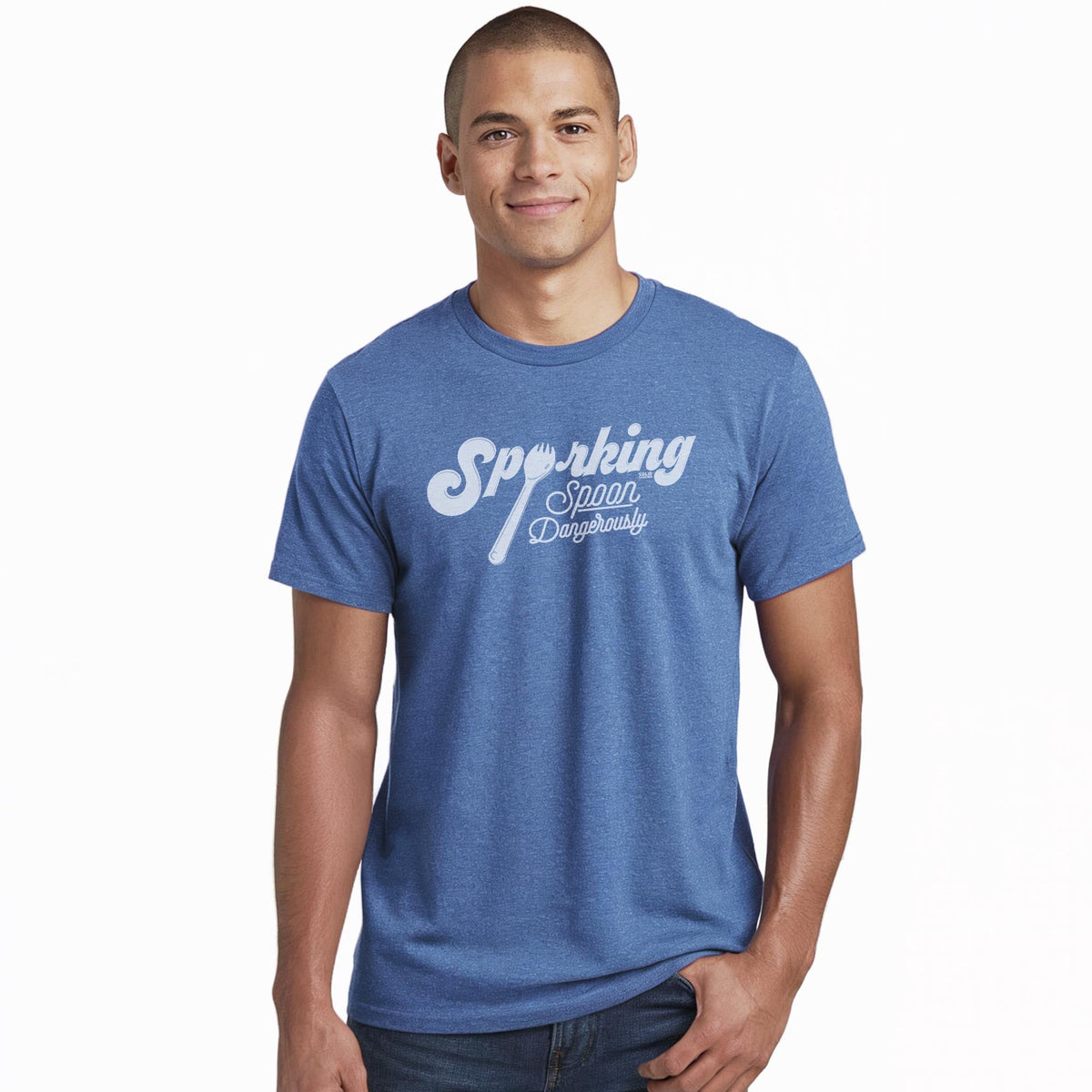 Sporking, Spoon Dangerously Vintage Staple T-shirt in Royal Heather On Model - Front View