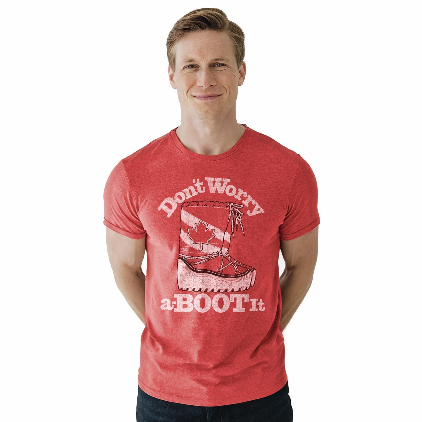 Don't Worry A Boot It Vintage Staple T-shirt in Red Heather On Model - Front View