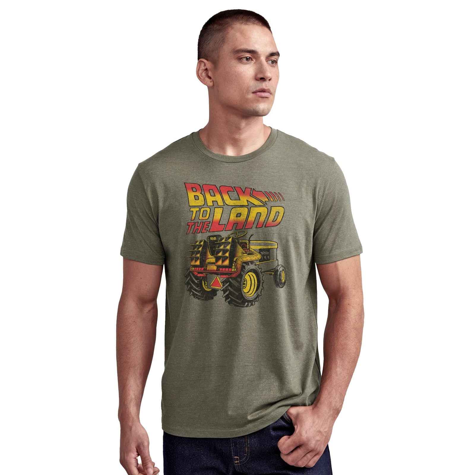 Back To The Land Cool Staple T-shirt in Olive Heather On Model - Front View