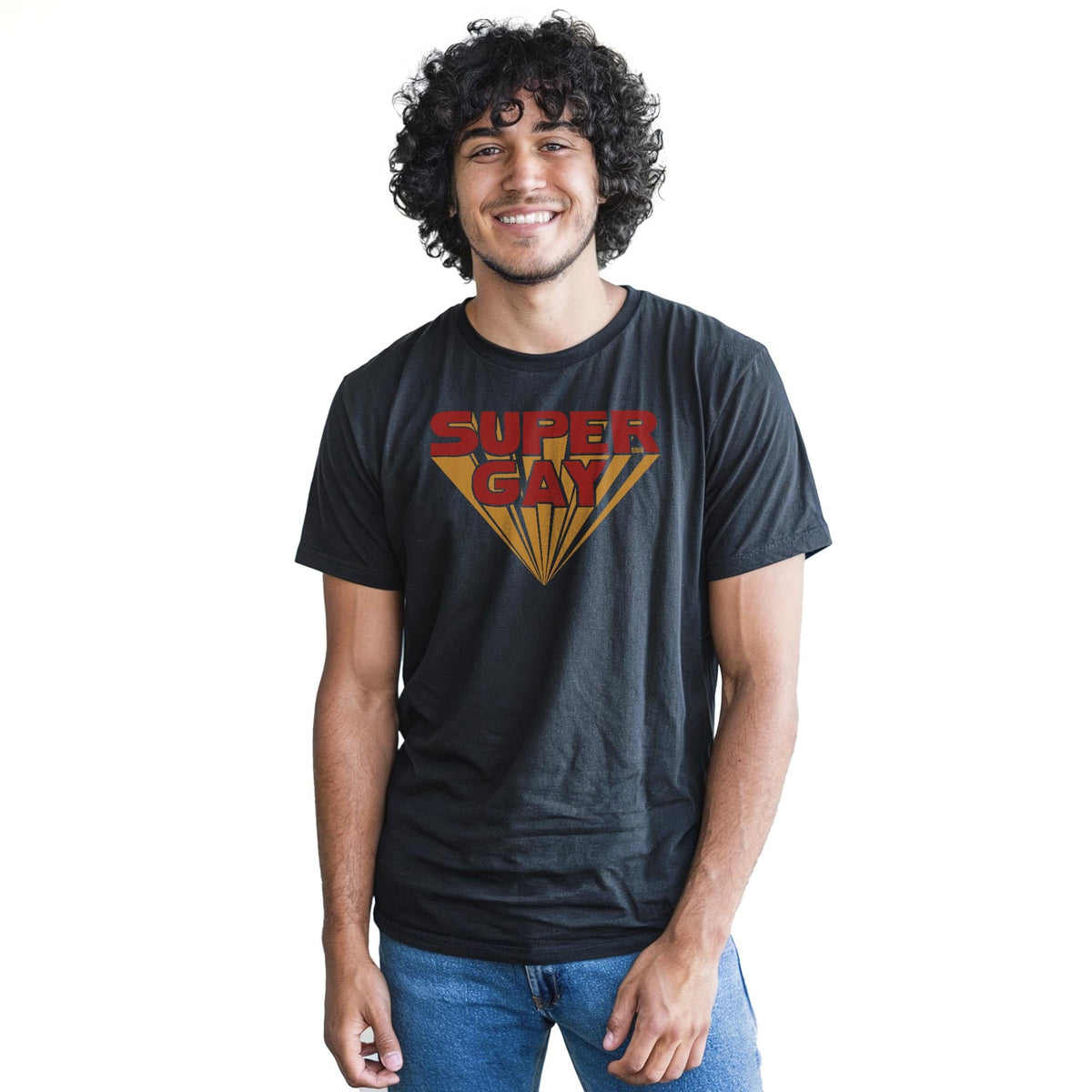 Super Gay Funny Staple T-shirt in Black On Model - Front View
