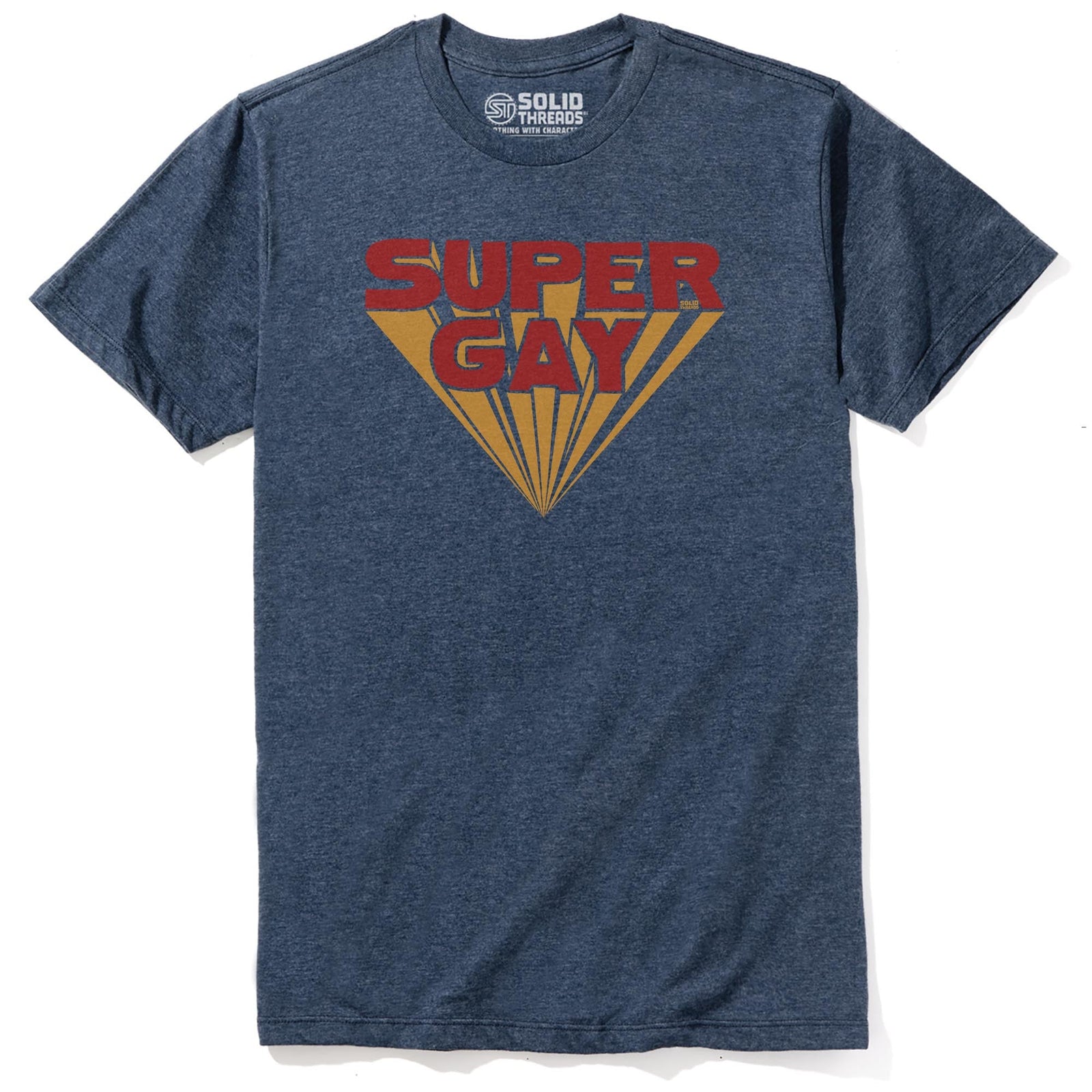 Super Gay Funny Staple T-shirt in Navy Heather - Front View