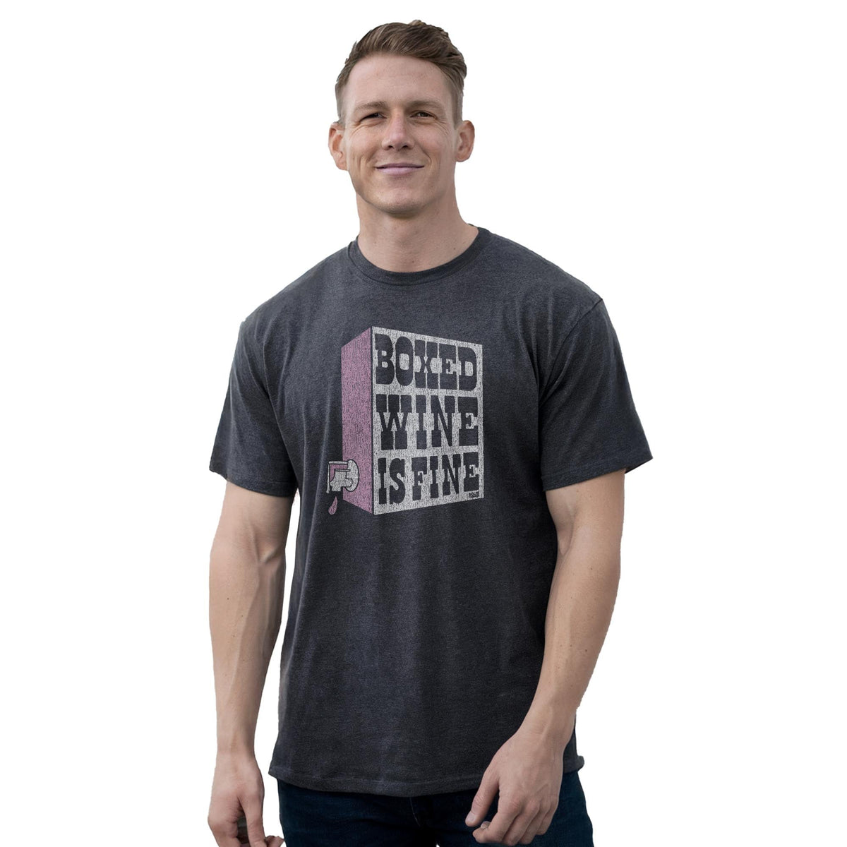 Boxed Wine Is Fine Cool Staple T-shirt in Charcoal Heather On Model - Front View