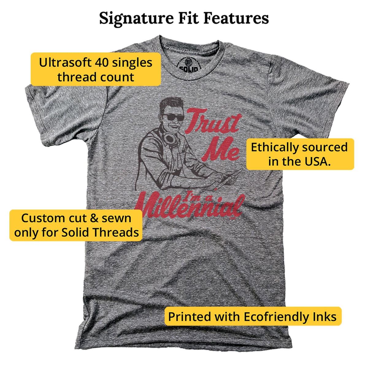 Trust Me, I'm A Millennial Vintage Signature T-shirt in Triblend Grey - Fit Attributes