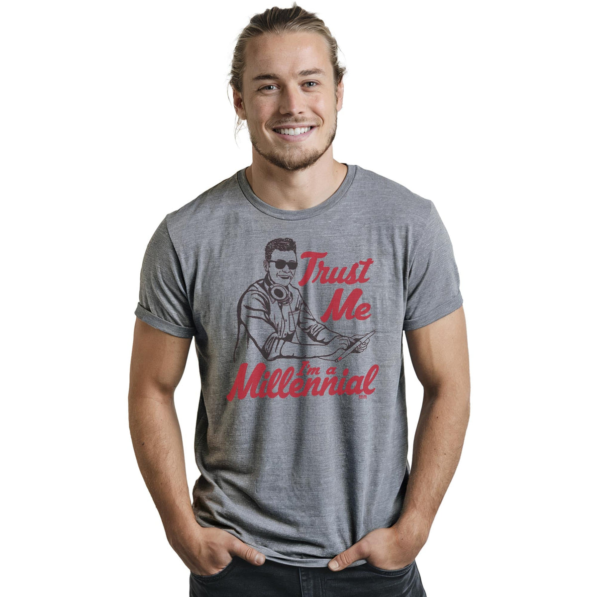Trust Me, I'm A Millennial Vintage Staple T-shirt in Ash Heather On Model - Front View