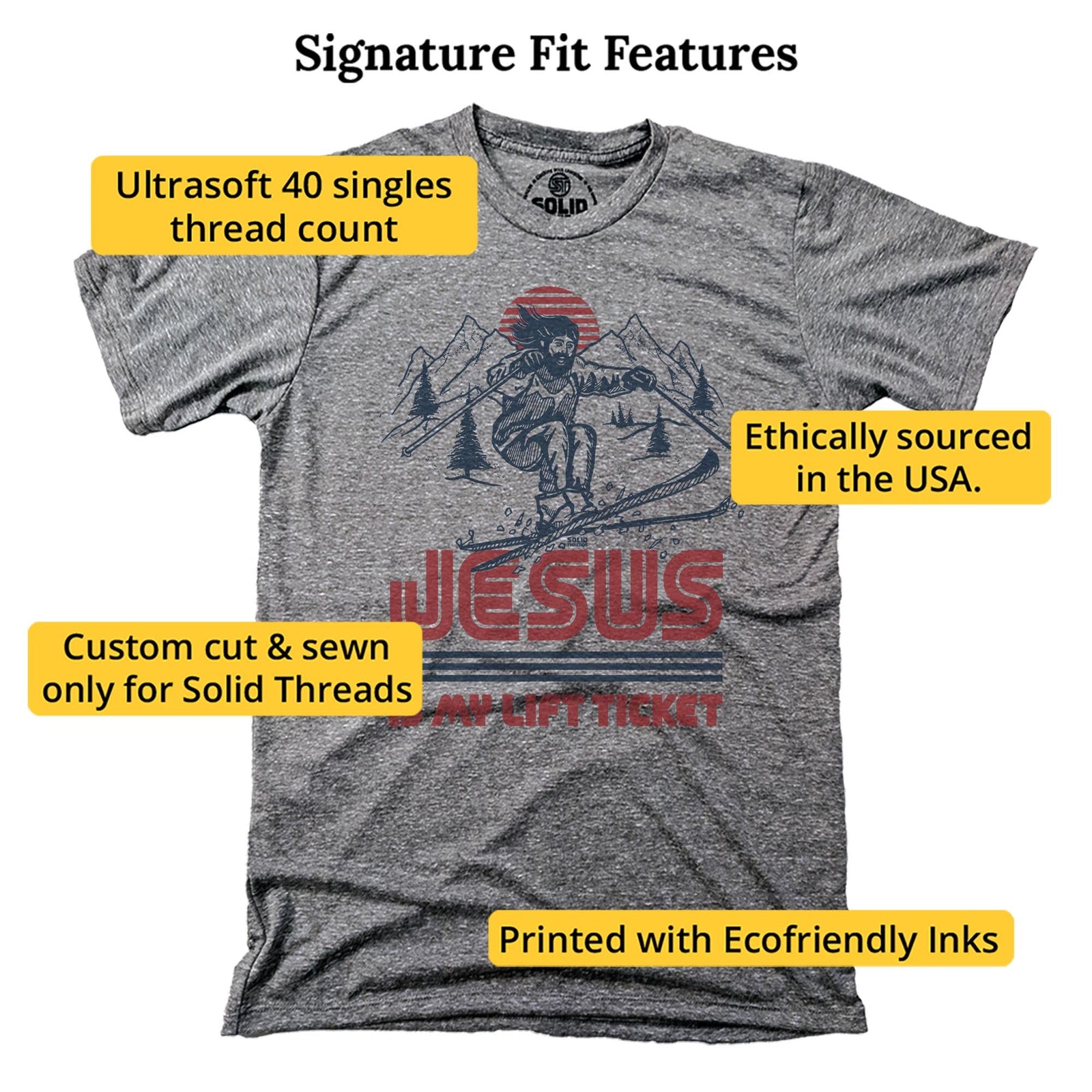 Jesus Is My Lift Ticket Funny Signature T-shirt in Triblend Grey - Fit Attributes