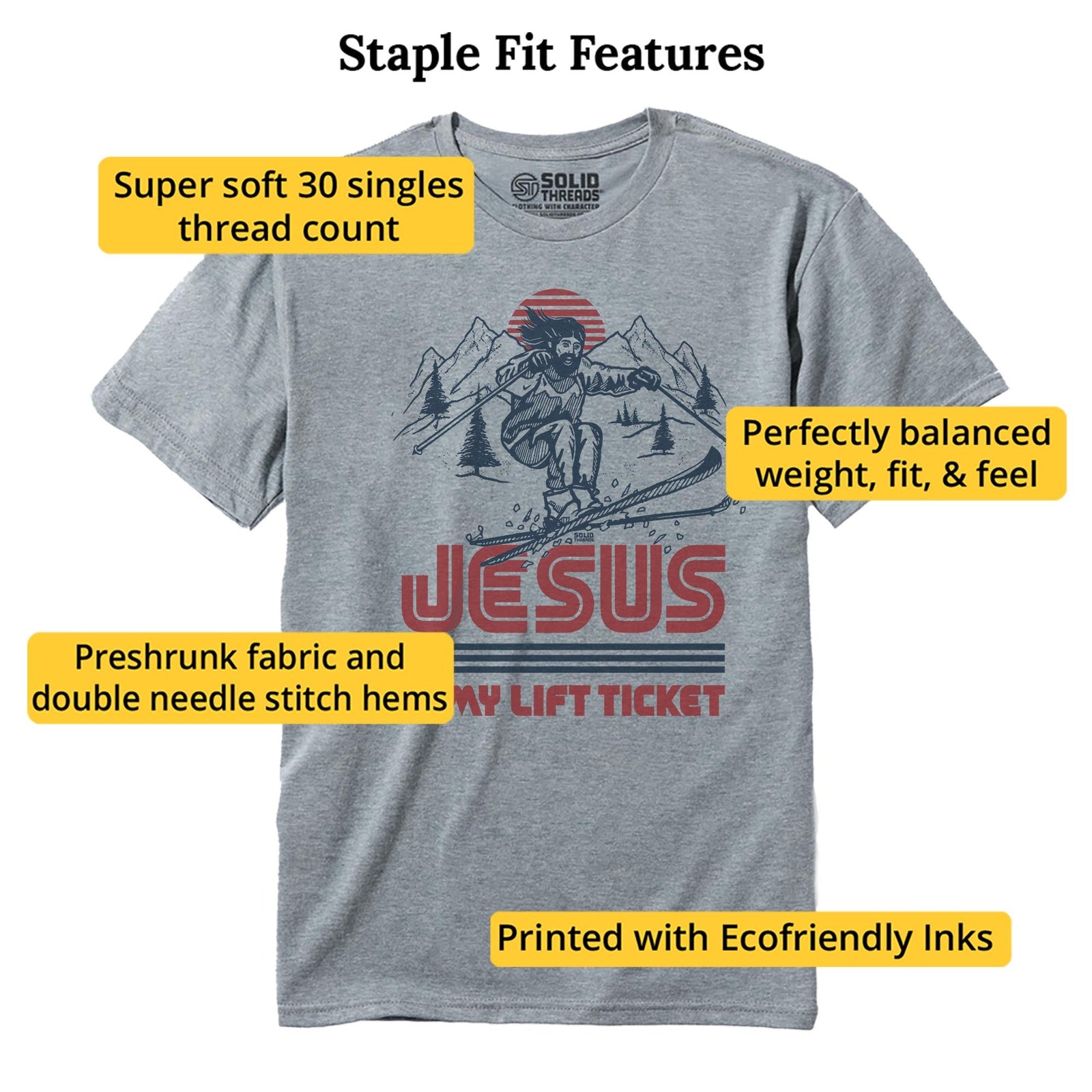 Jesus Is My Lift Ticket Funny Staple T-shirt in Ash Heather - Fit Attributes