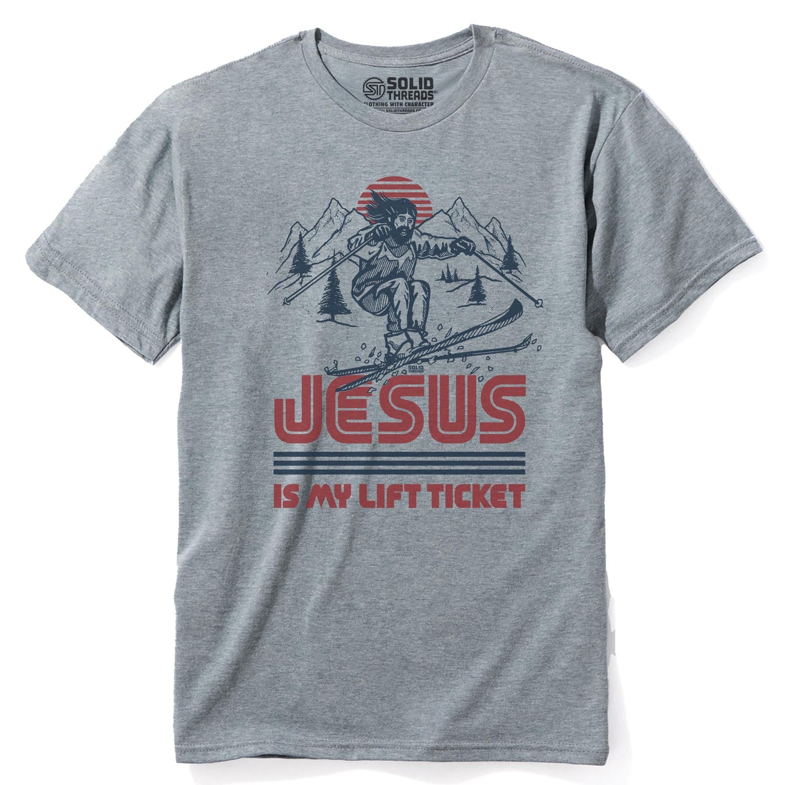 Jesus Is My Lift Ticket Funny Staple T-shirt in Ash Heather - Front View