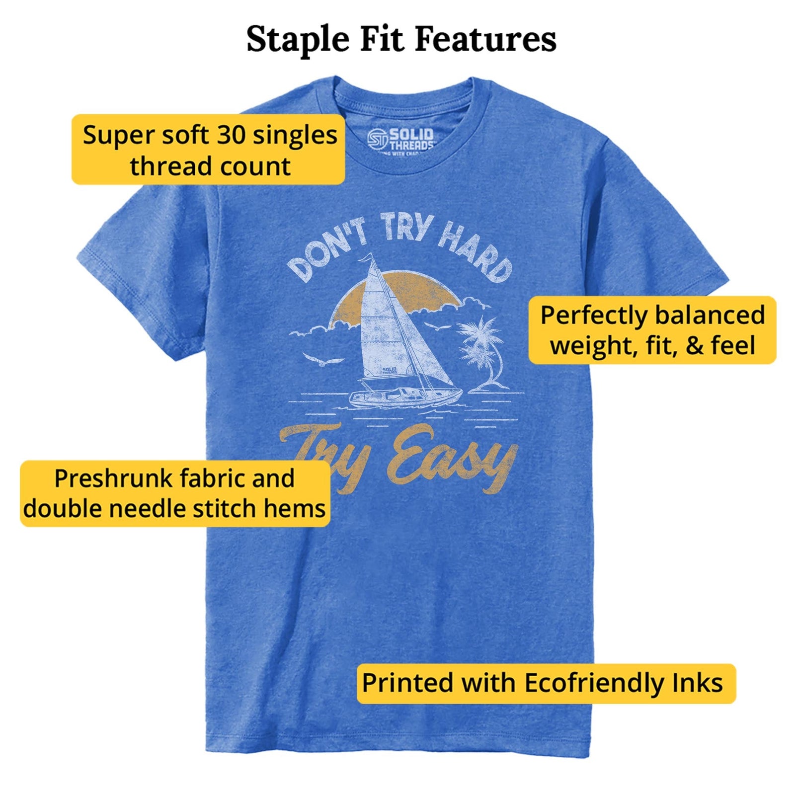 Don't Try Hard Try Easy Cool Staple T-shirt in Royal Heather - Fit Attributes