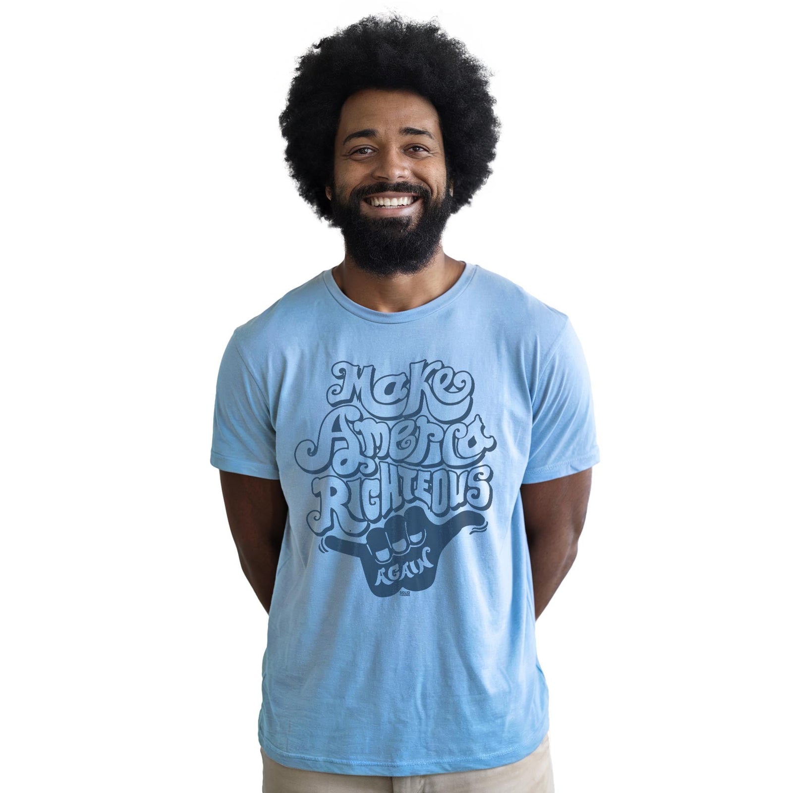 Make America Righteous Again Vintage Staple T-shirt in Light Blue Heather On Model - Front View