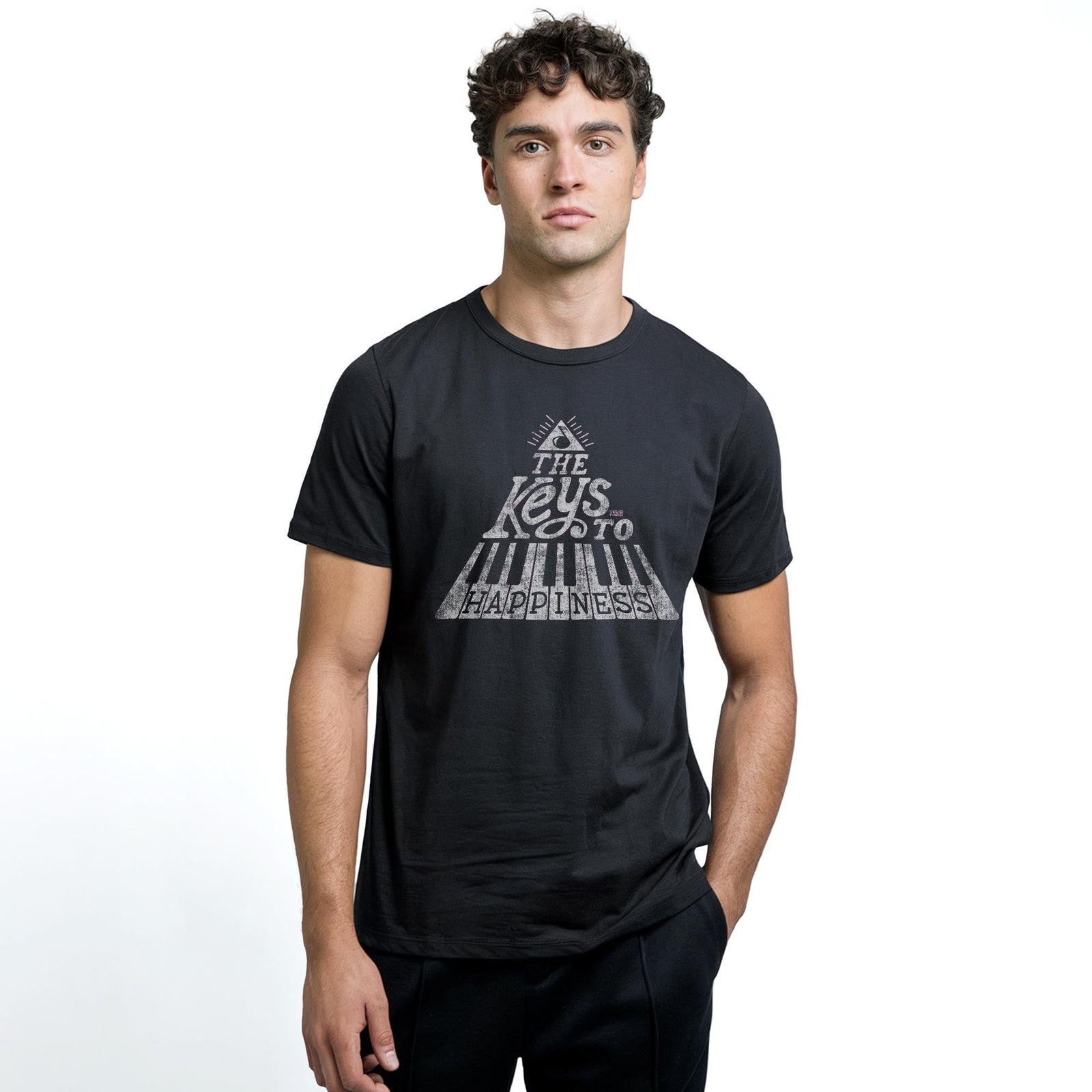The Keys To Happiness Cool Staple T-shirt in Black On Model - Front View