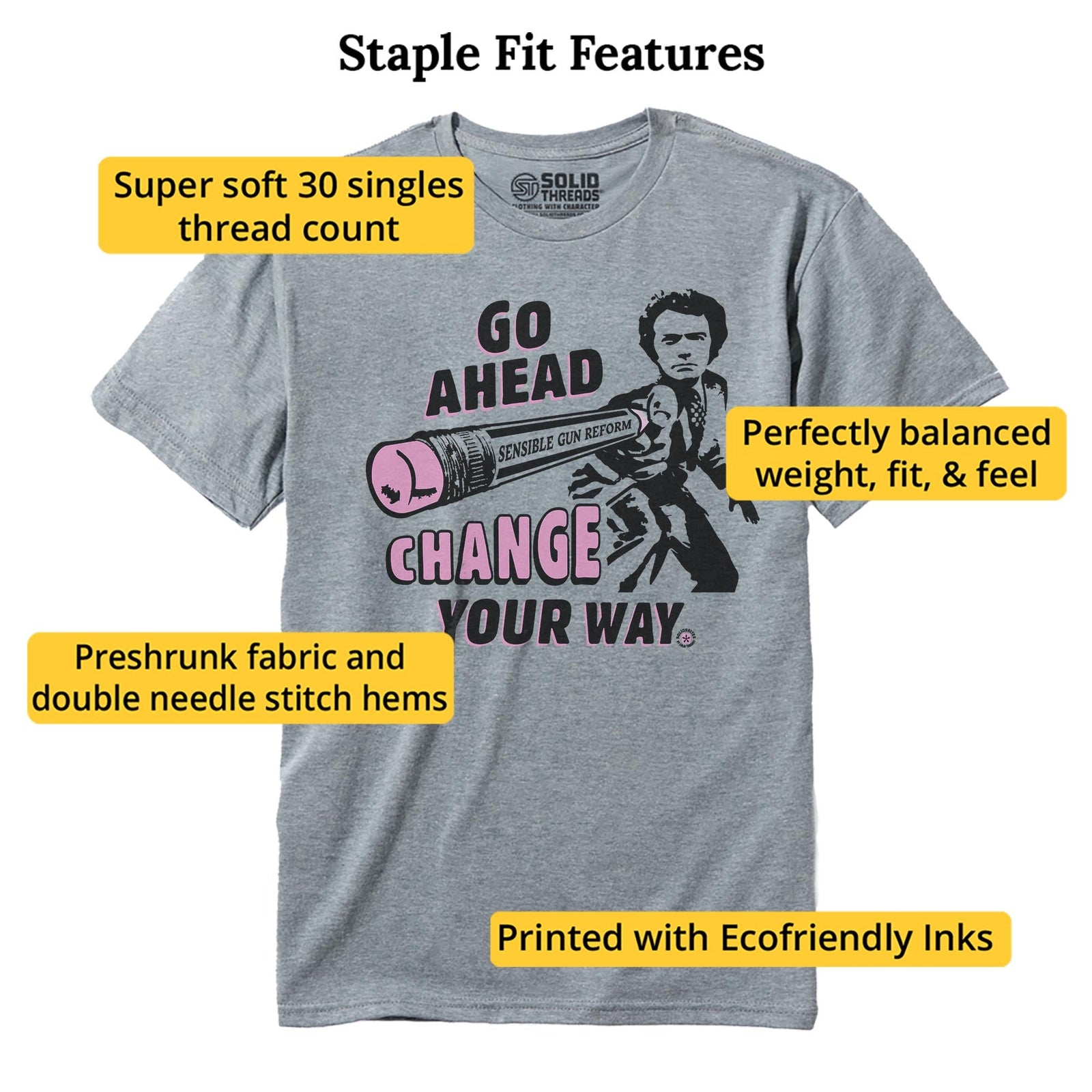 Change Your Way | Supports Gun Reform Legislation Cool Staple T-shirt in Ash Heather - Fit Attributes