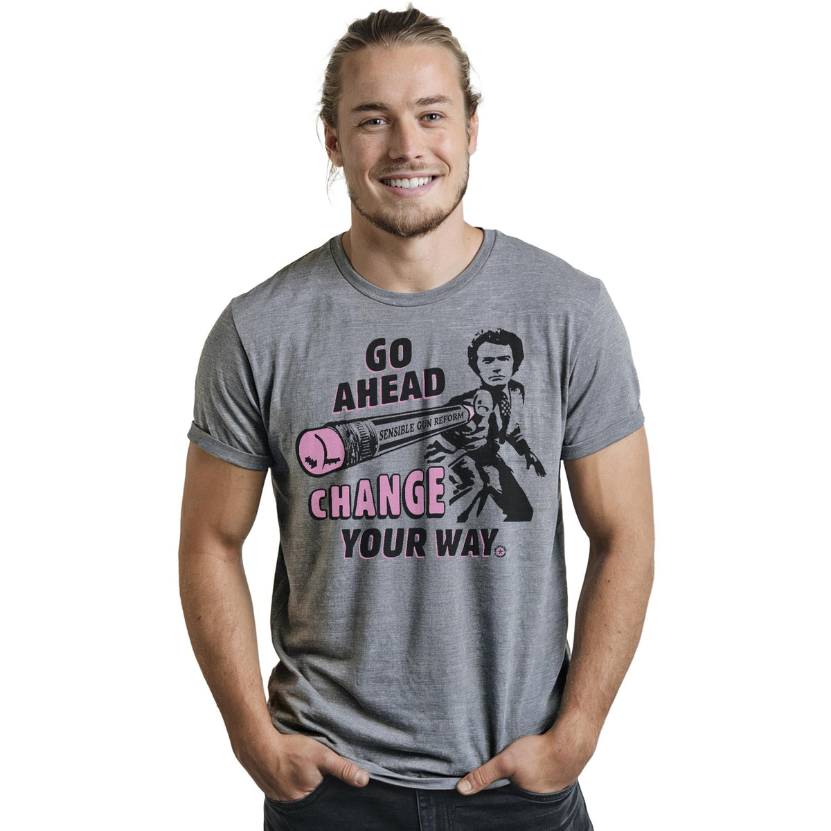 Change Your Way | Supports Gun Reform Legislation Cool Staple T-shirt in Ash Heather On Model - Front View
