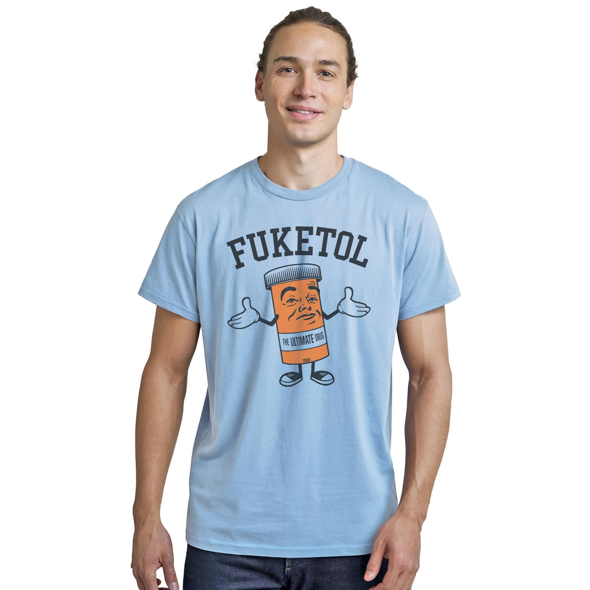 Fuketol Retro Staple T-shirt in Light Blue Heather On Model - Front View
