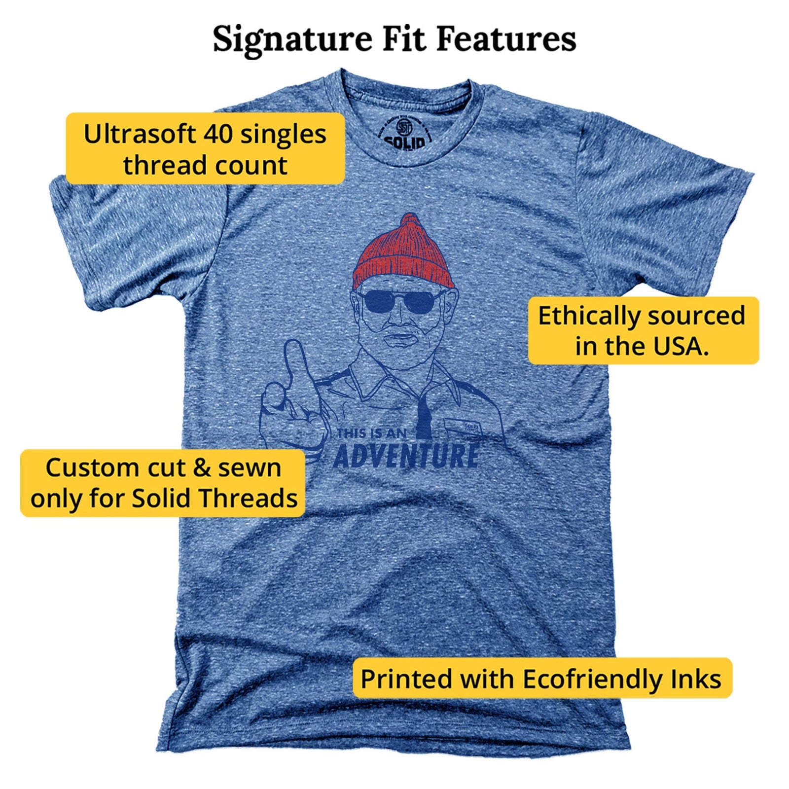 Steve Zissou This Is An Adventure Funny Signature T-shirt in Triblend Royal - Fit Attributes