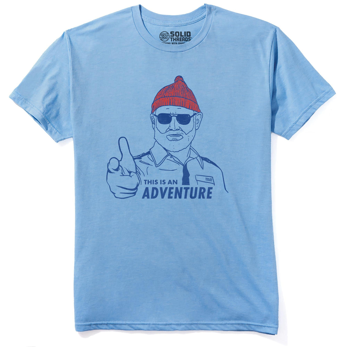 Steve Zissou This Is An Adventure Funny Staple T-shirt in Light Blue Heather - Front View