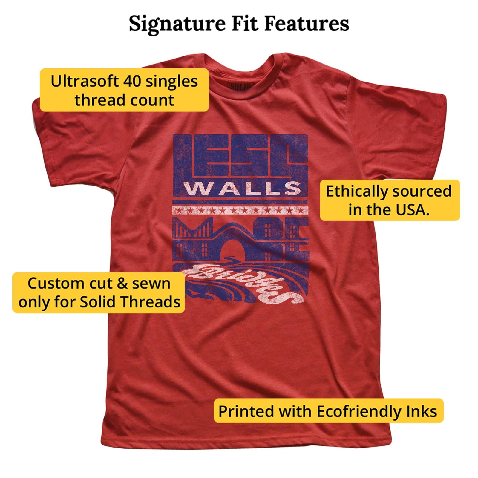 Less Walls More Bridges | Supports Immigration Reform Cool Signature T-shirt in Red - Fit Attributes