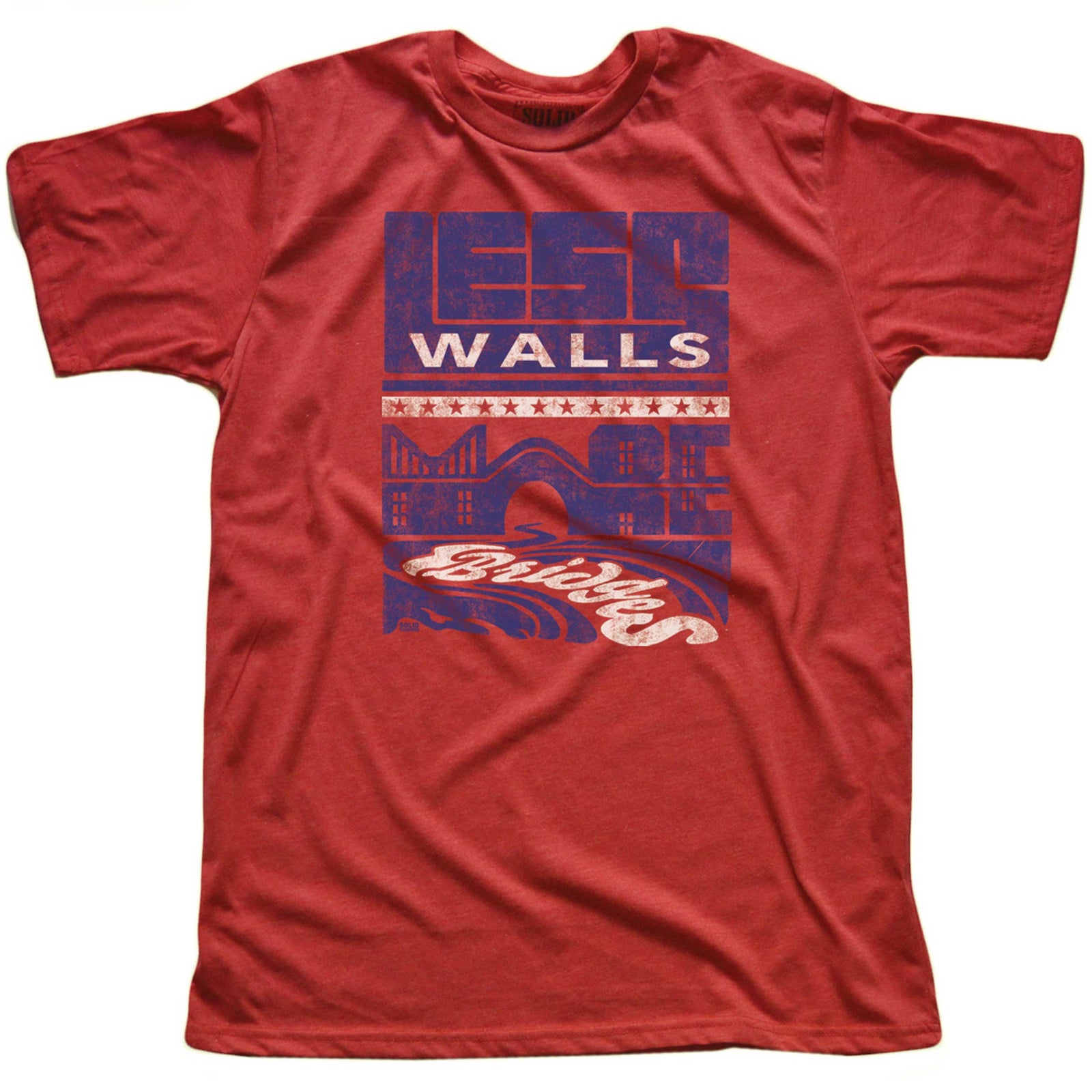 Men's Less Walls More Bridges Cool Graphic T-Shirt | Retro Immigration Reform Tee | Solid Threads