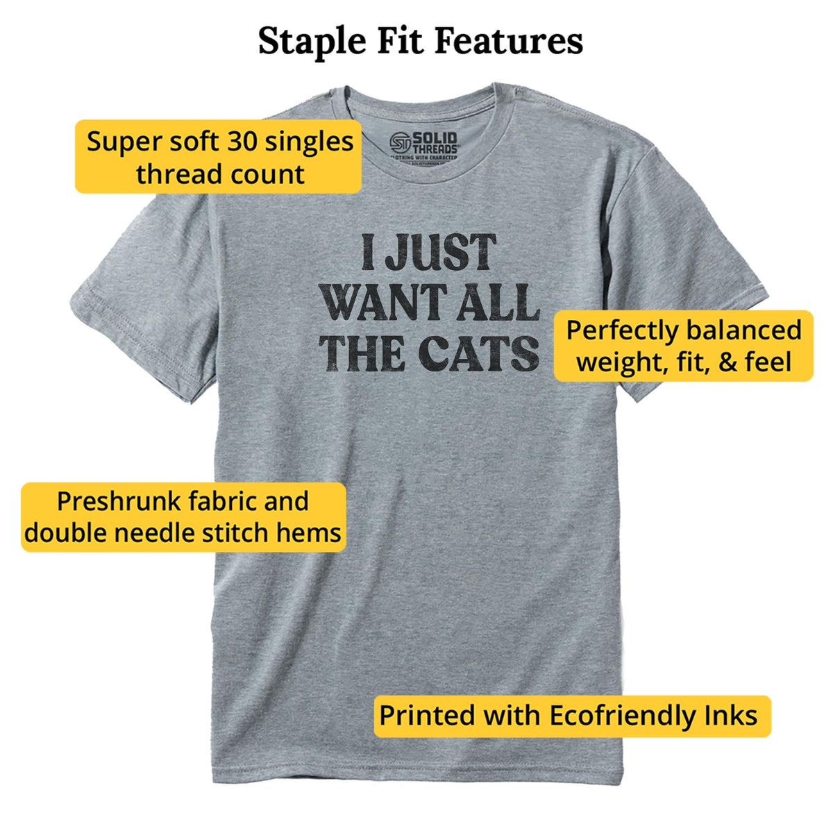 I Just Want All The Cats Funny Staple T-shirt in Ash Heather - Fit Attributes