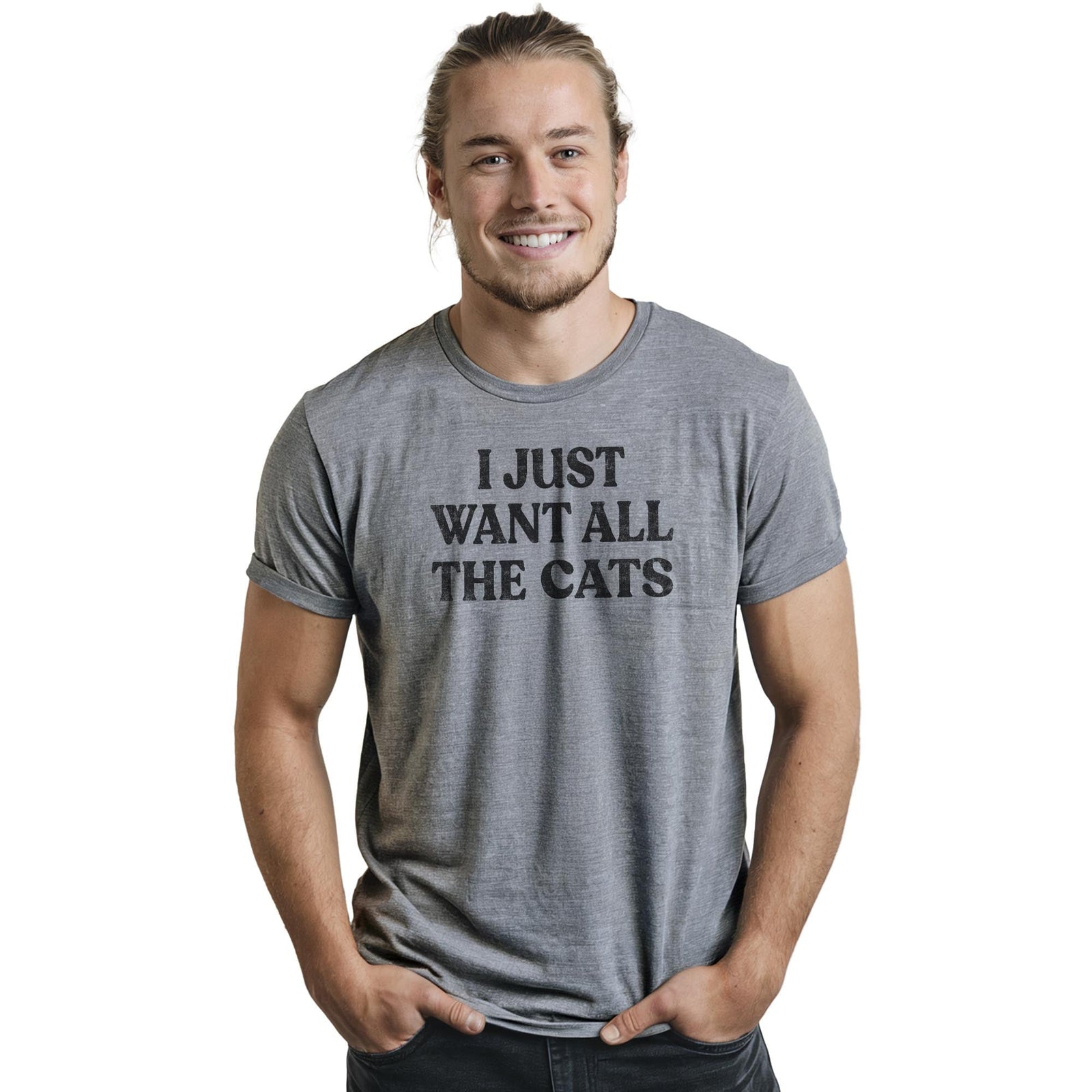 I Just Want All The Cats Funny Staple T-shirt in Ash Heather On Model - Front View