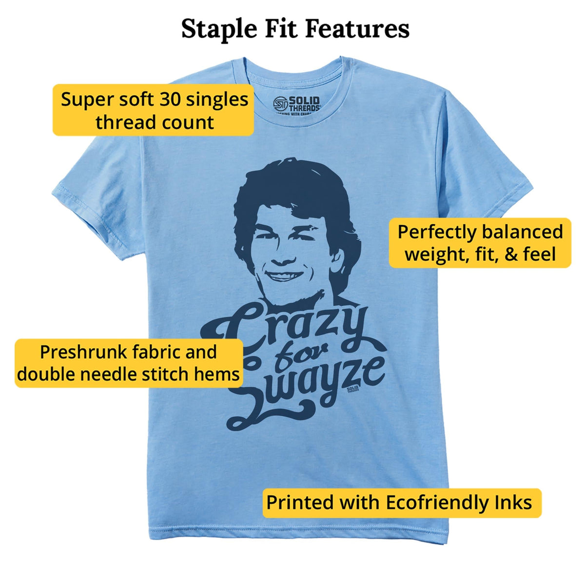 Crazy For Swayze | Supports World Health Retro Staple T-shirt in Light Blue Heather - Fit Attributes