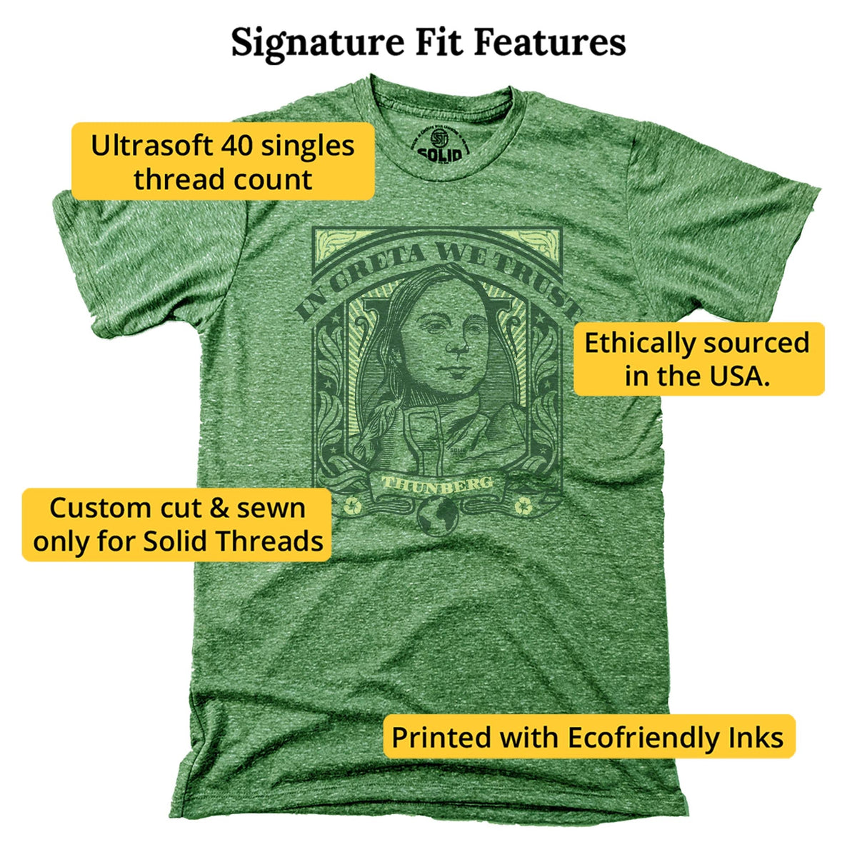 In Greta We Trust | Supports Environmental Action Cool Signature T-shirt in Triblend Kelly - Fit Attributes