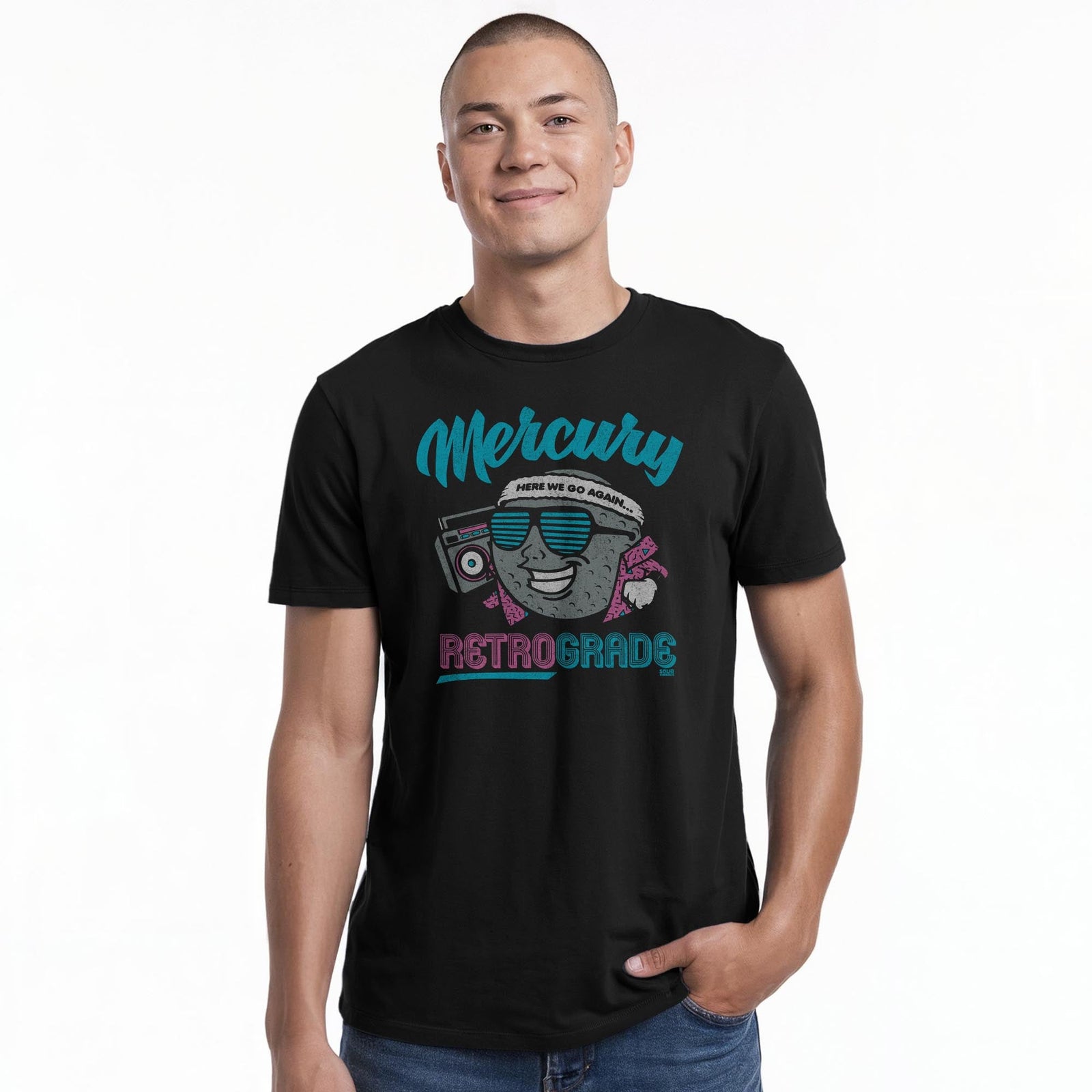 Mercury Retrograde Vintage Staple T-shirt in Black On Model - Front View