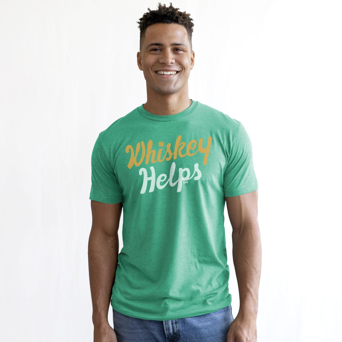 Irish Whiskey Helps Funny Staple T-shirt in Kelly Heather On Model - Front View