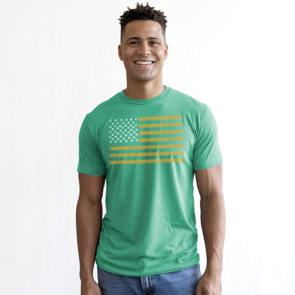 Irish American Vintage Staple T-shirt in Kelly Heather On Model - Front View