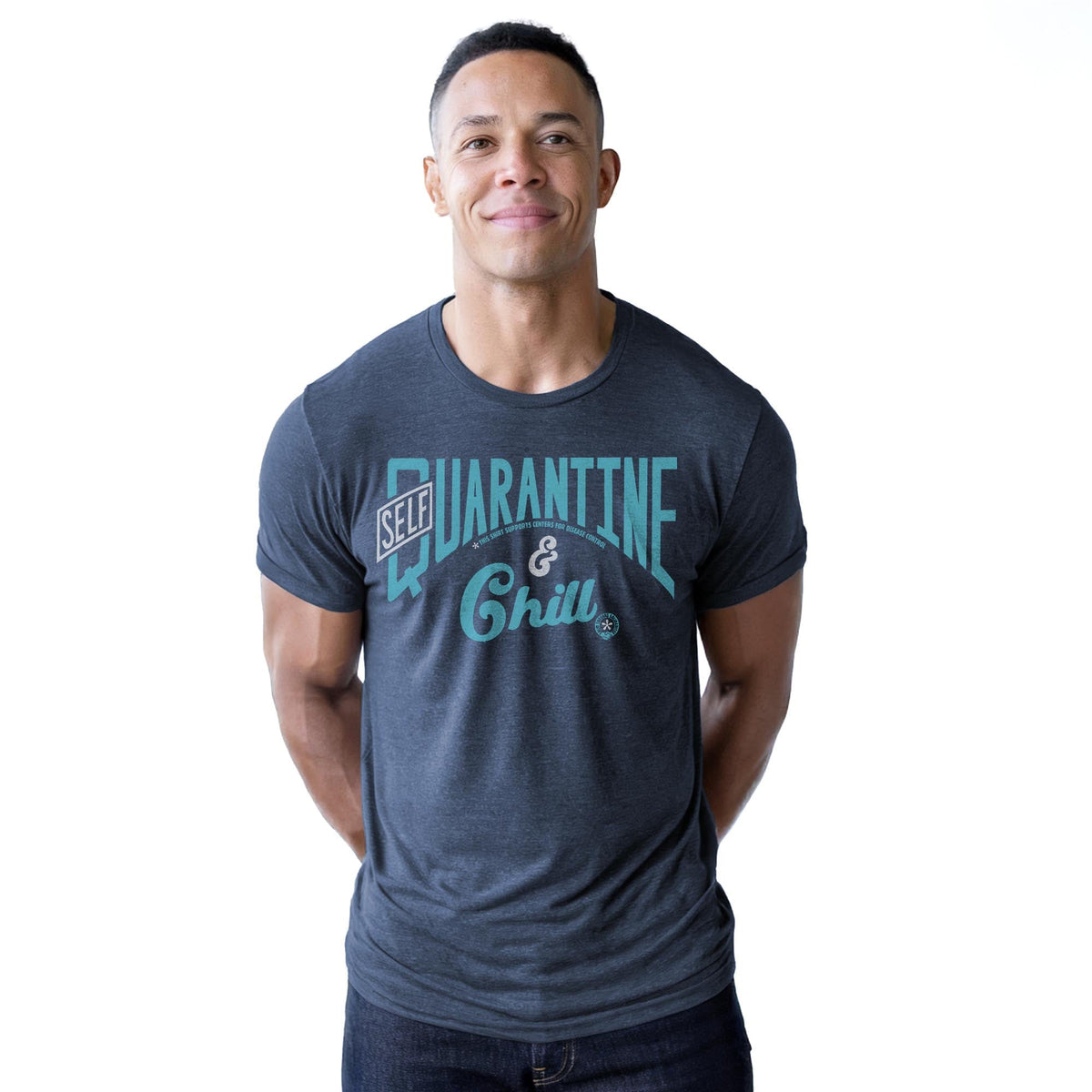 Self Quarantine & Chill | Supports World Health Vintage Staple T-shirt in Navy Heather On Model - Front View