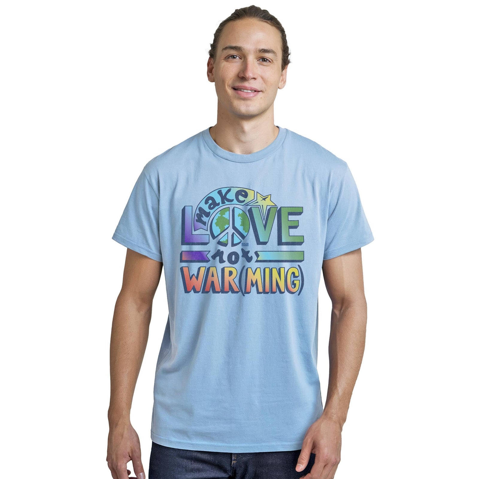 Make Love Not Warming T-shirt Vintage Staple T-shirt in Light Blue Heather On Model - Front View