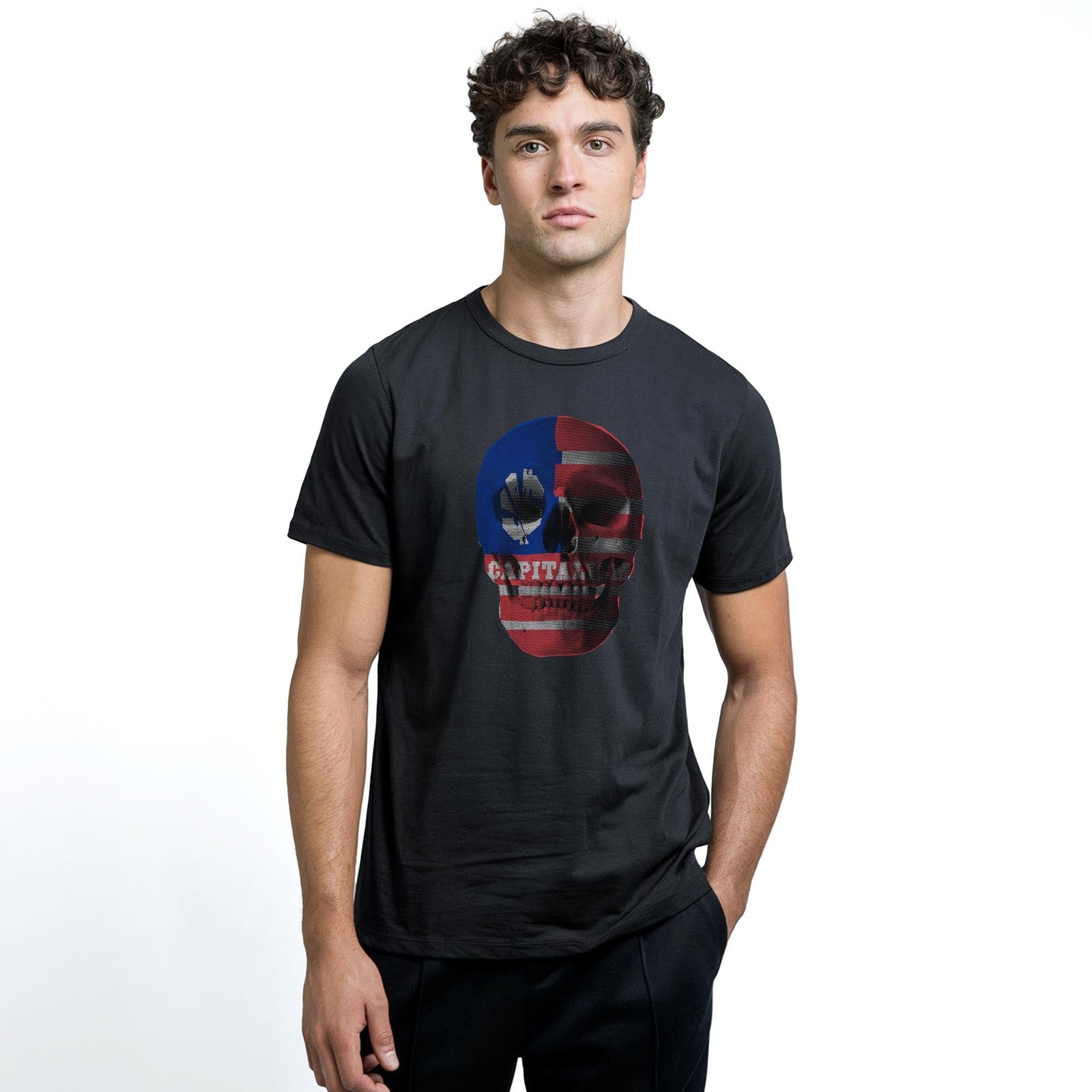 Capitalism Skull | Supports Income Equality Cool Staple T-shirt in Black On Model - Front View