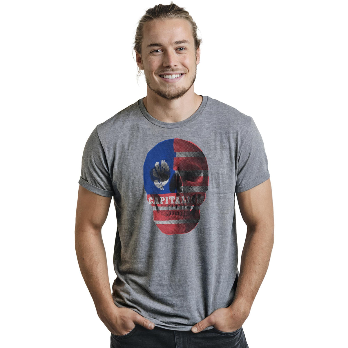 Capitalism Skull | Supports Income Equality Cool Staple T-shirt in Ash Heather On Model - Front View
