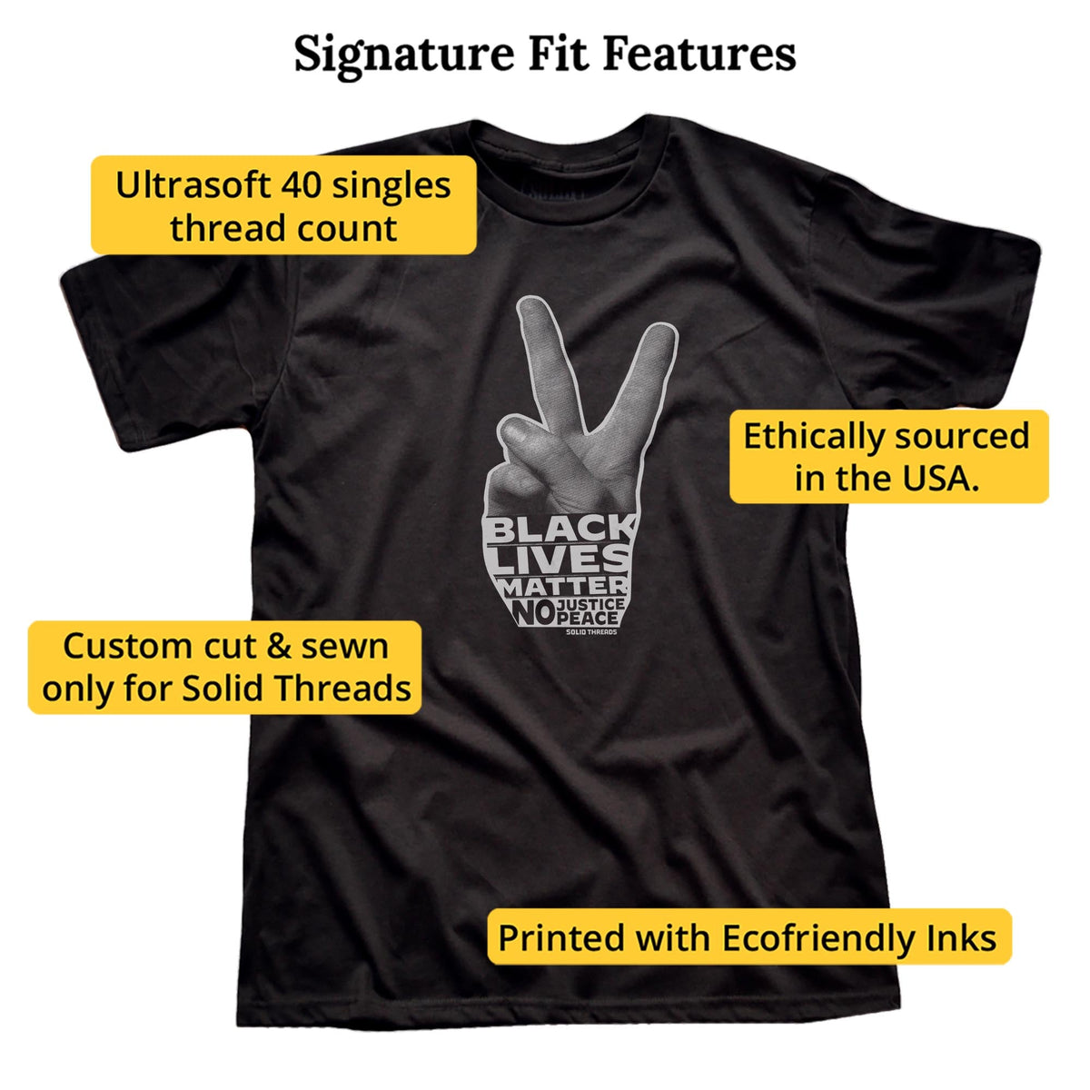 Black Lives Matter Peace Hand | Supports Racial Equality Cool Signature T-shirt in Black - Fit Attributes
