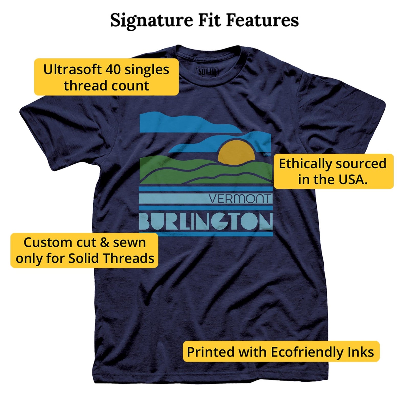 Burlington, Vt Sunset Cool Signature T-shirt in Navy - Fit Attributes