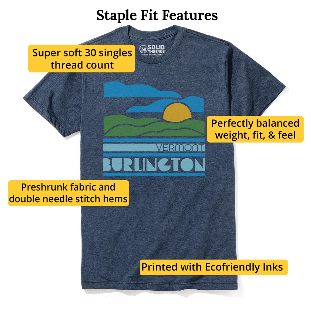 Burlington, Vt Sunset Cool Staple T-shirt in Navy Heather - Fit Attributes