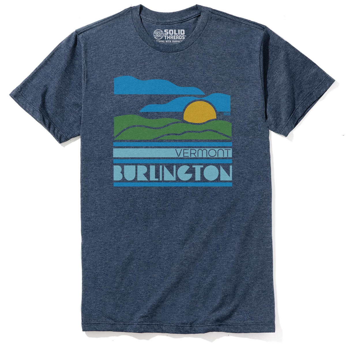 Burlington, Vt Sunset Cool Staple T-shirt in Navy Heather - Front View