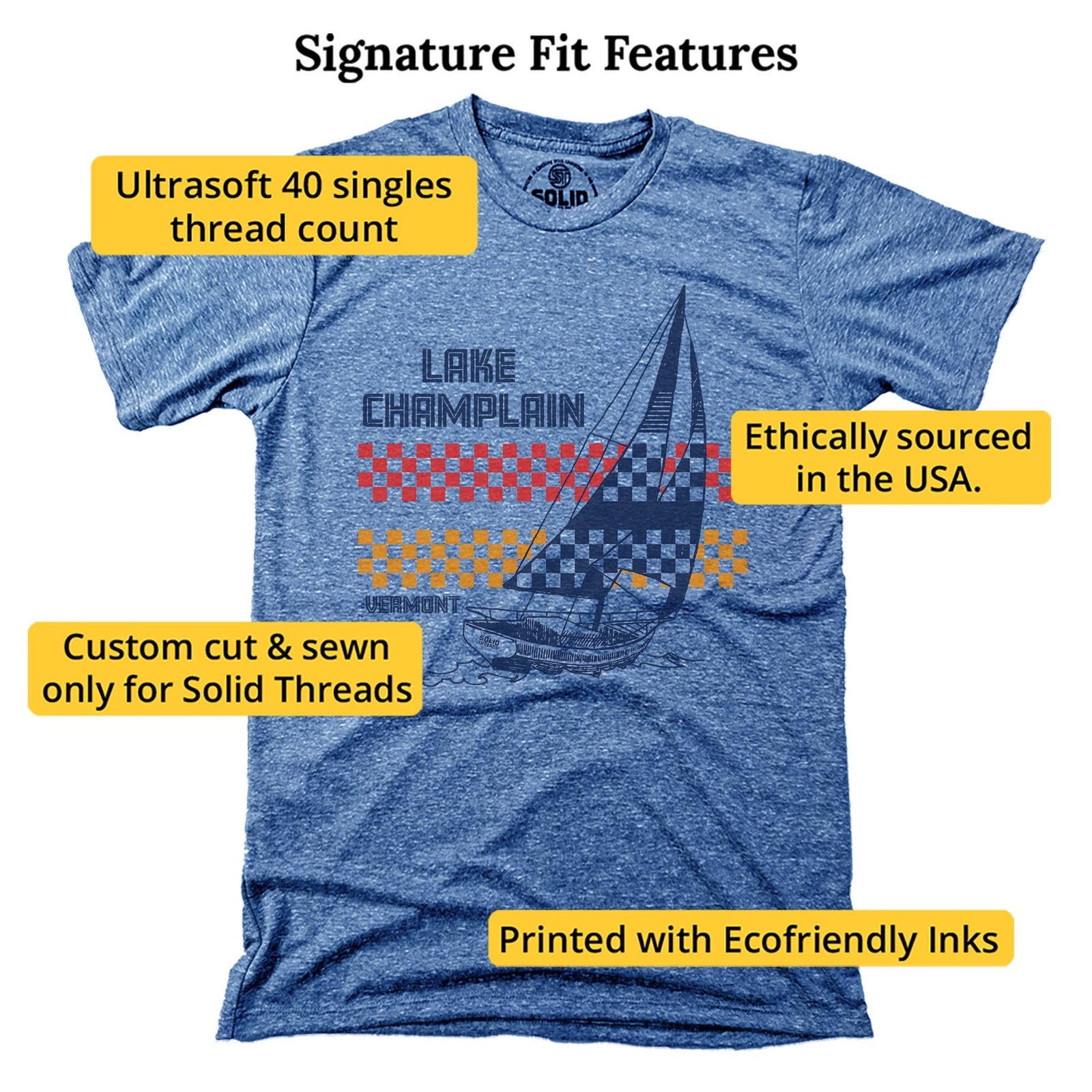 Lake Champlain Vt Sailboat Cool Signature T-shirt in Triblend Royal - Fit Attributes