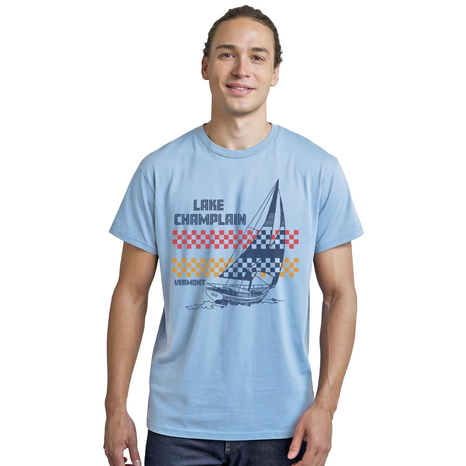 Lake Champlain Vt Sailboat Cool Staple T-shirt in Light Blue Heather On Model - Front View