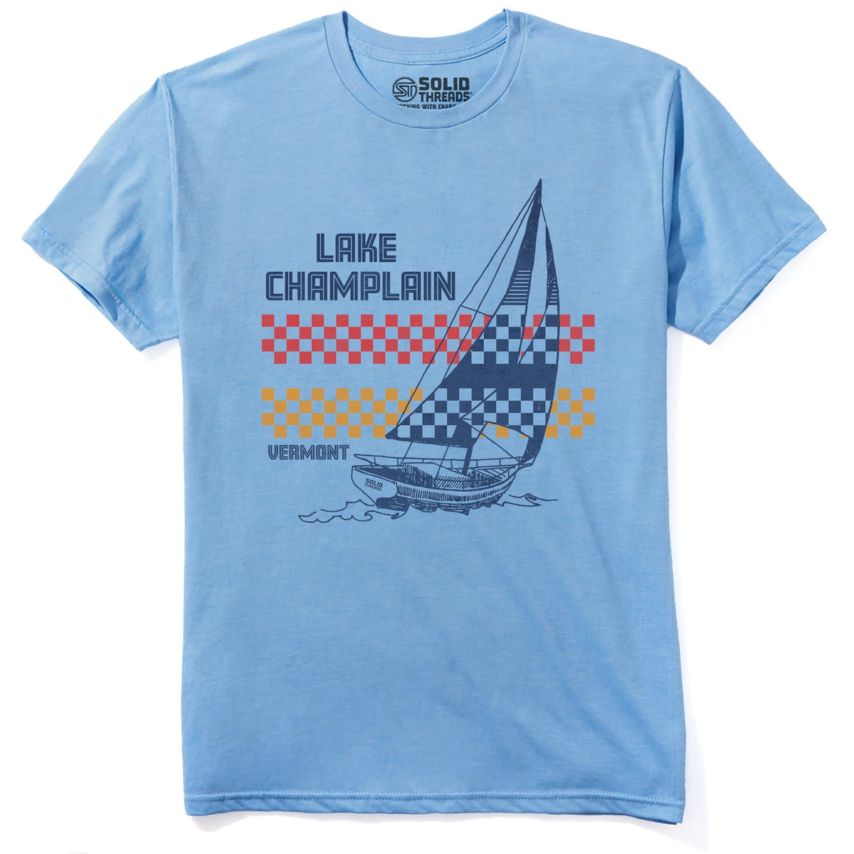 Lake Champlain Vt Sailboat Cool Staple T-shirt in Light Blue Heather - Front View
