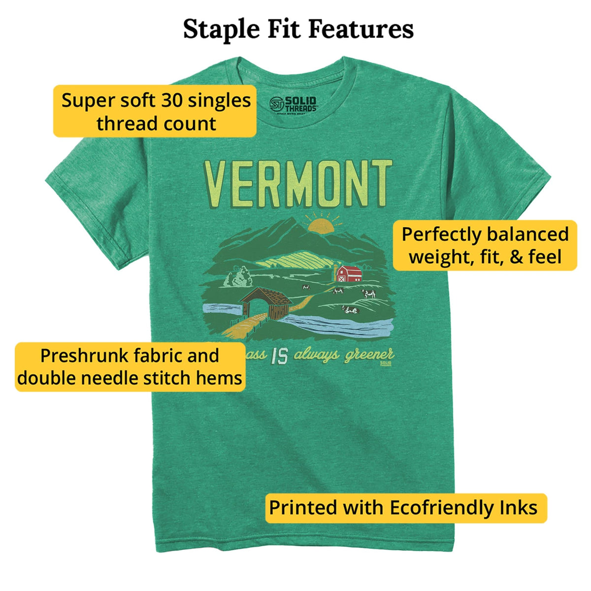 Vermont The Grass Is Always Greener Cool Staple T-shirt in Kelly Heather - Fit Attributes