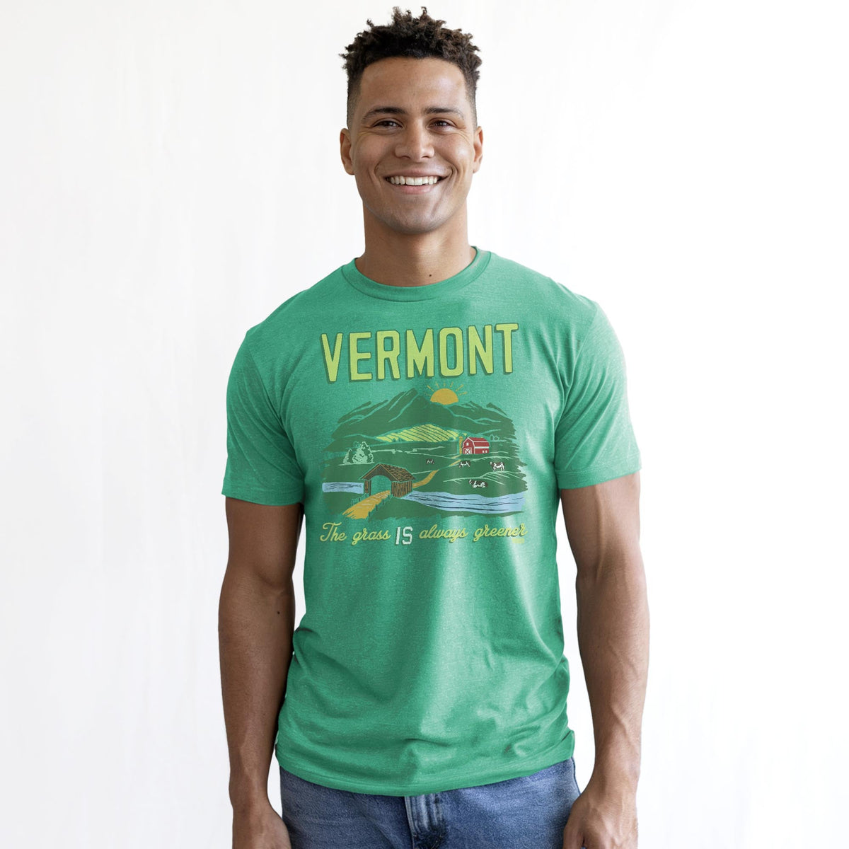 Vermont The Grass Is Always Greener Cool Staple T-shirt in Kelly Heather On Model - Front View