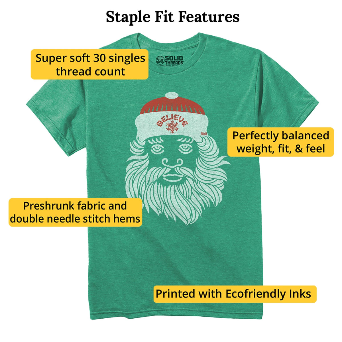 Believe In Santa Cool Staple T-shirt in Kelly Heather - Fit Attributes